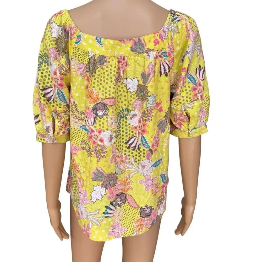 LOFT linen blend Yellow Floral Peasant Colorful Abstract blouse puff sleeves M